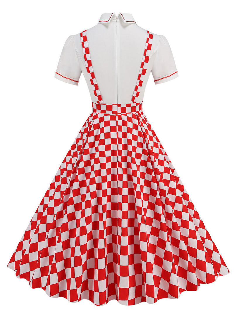 Red Checkerboard High Waist Audrey Hepburn Style Cocktail Suspender Swing Dress