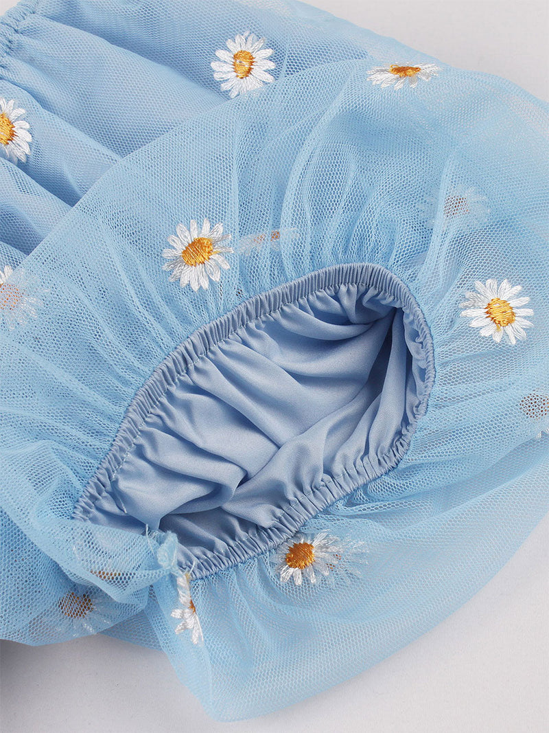 Blue Daisy Puff Sleeve Smocking 1950S Vintage Dress