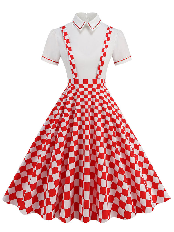 Red Checkerboard High Waist Audrey Hepburn Style Cocktail Suspender Swing Dress