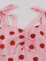 Pink Strawberry Embroidered 1950s Vintage Swing Dress