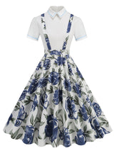 Navy Floral Print High Waist Audrey Hepburn Style Cocktail Suspender Swing Dress