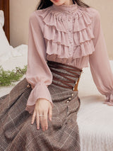 2PS Pink Ruffles Shirt and Plaid Brown Swing Skirt Suit Women Vintage Medieval Victorian Dress