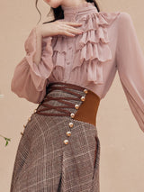 2PS Pink Ruffles Shirt and Plaid Brown Swing Skirt Suit Women Vintage Medieval Victorian Dress