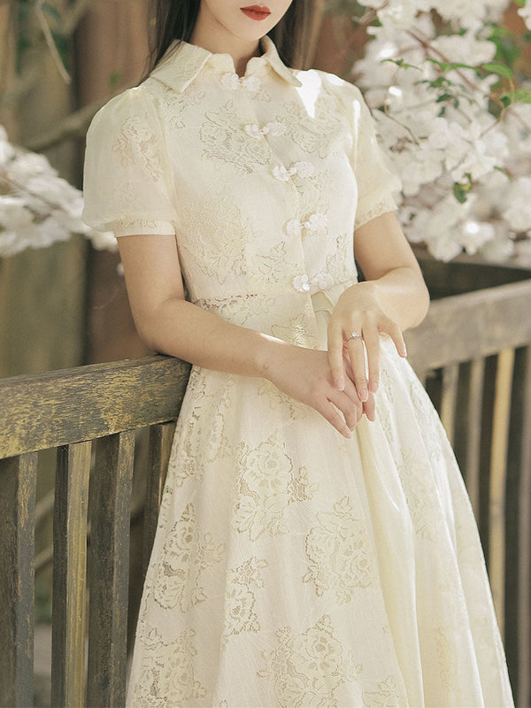 2PS Apricot Eton Collar Lace Swing Dress With Swing Skirt